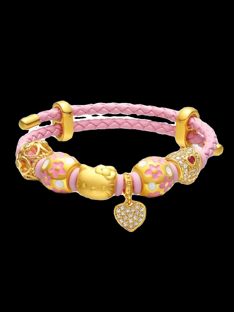 Hello Kitty 999 pure gold bracelet. Hello Kitty bracelet with cat head and bowknot lucky charm on leather cord. A Valentine's Day gift for your girlfriend, weighing 0.8g.